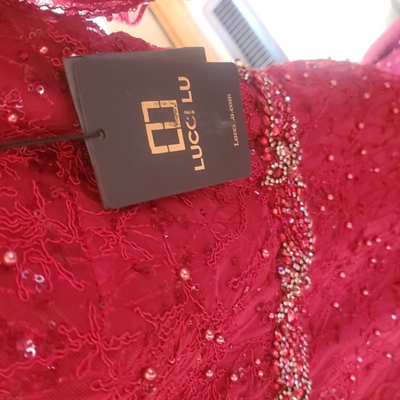 Lucci Lu Formal Elegant Burgandy Embellished Lace Maxi Sz. 10 Event Gown NWT - Picture 6 of 16